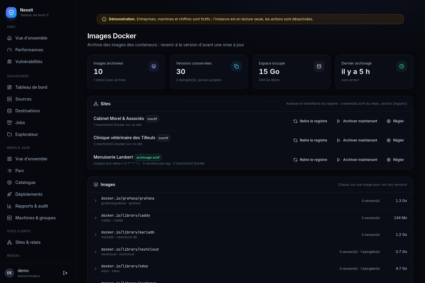 Archive des images Docker : 10 images, 30 versions conservées, liste des images et journal des archivages.